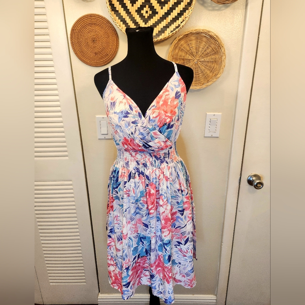 Pink And Blue Floral V-Neck Mini Dress